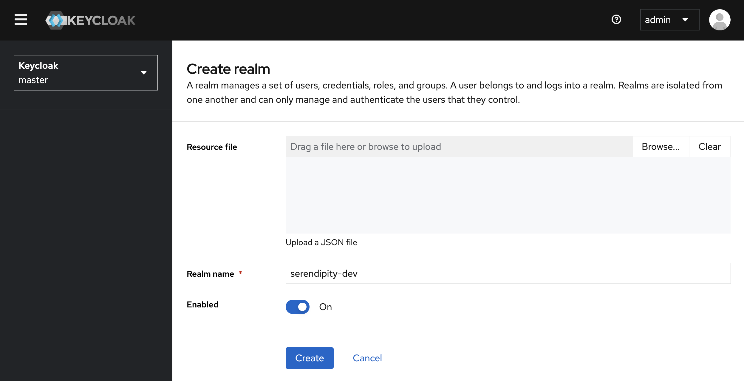 Keycloak Admin Console Create Realm