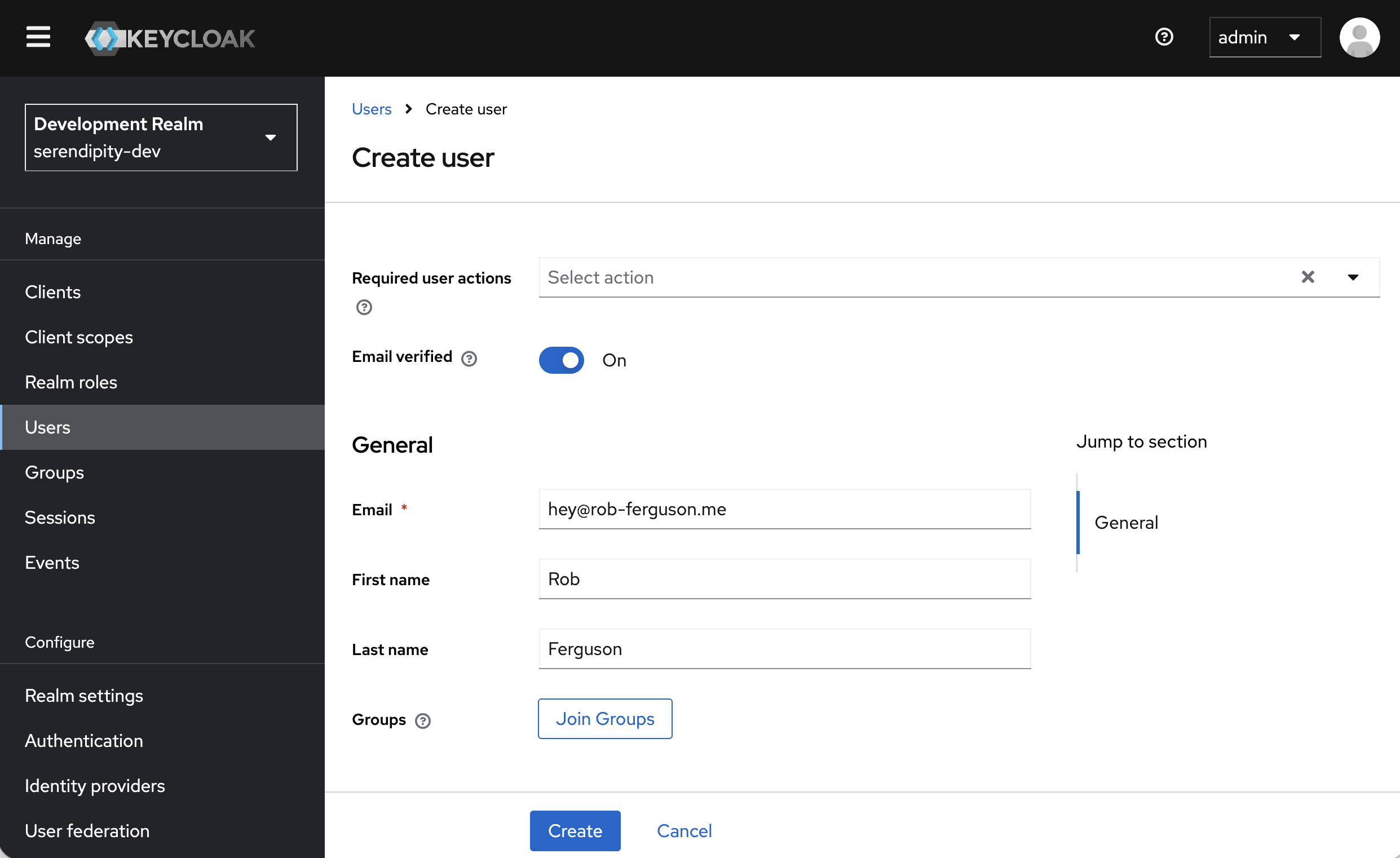 Keycloak Admin Console Create User