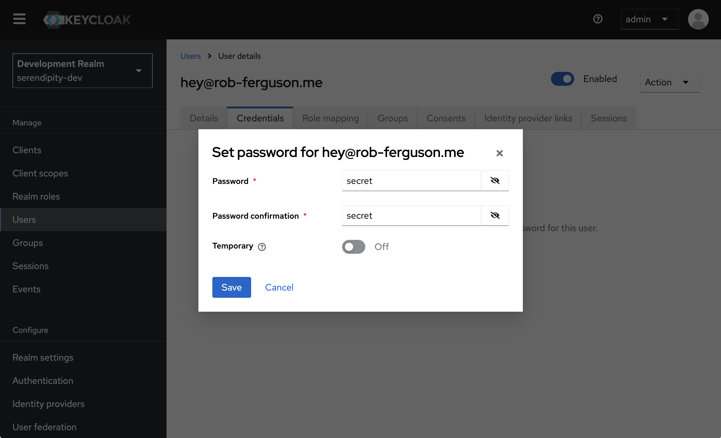 Keycloak Admin Console Set Password