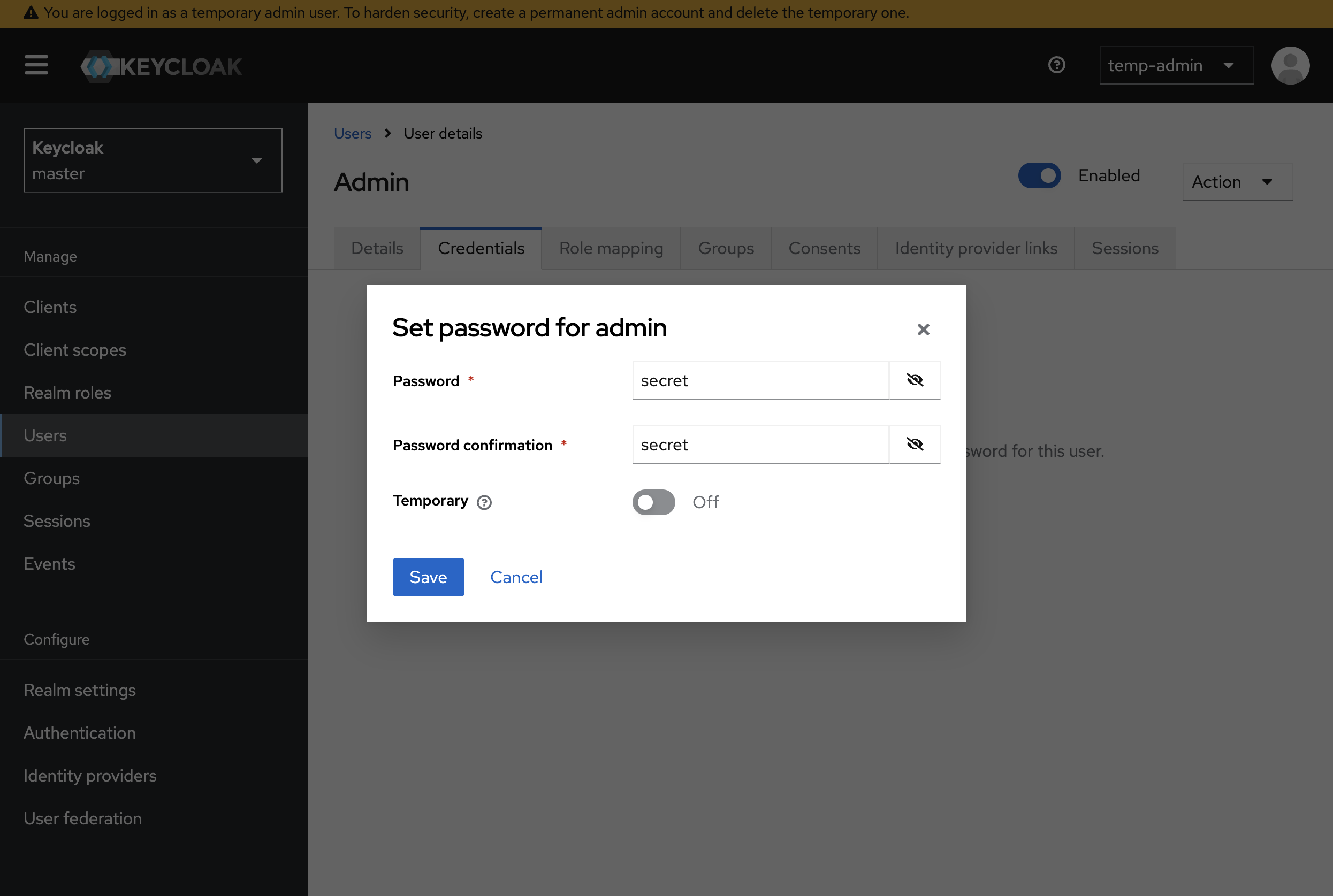Set a password for the permanent Admin user
