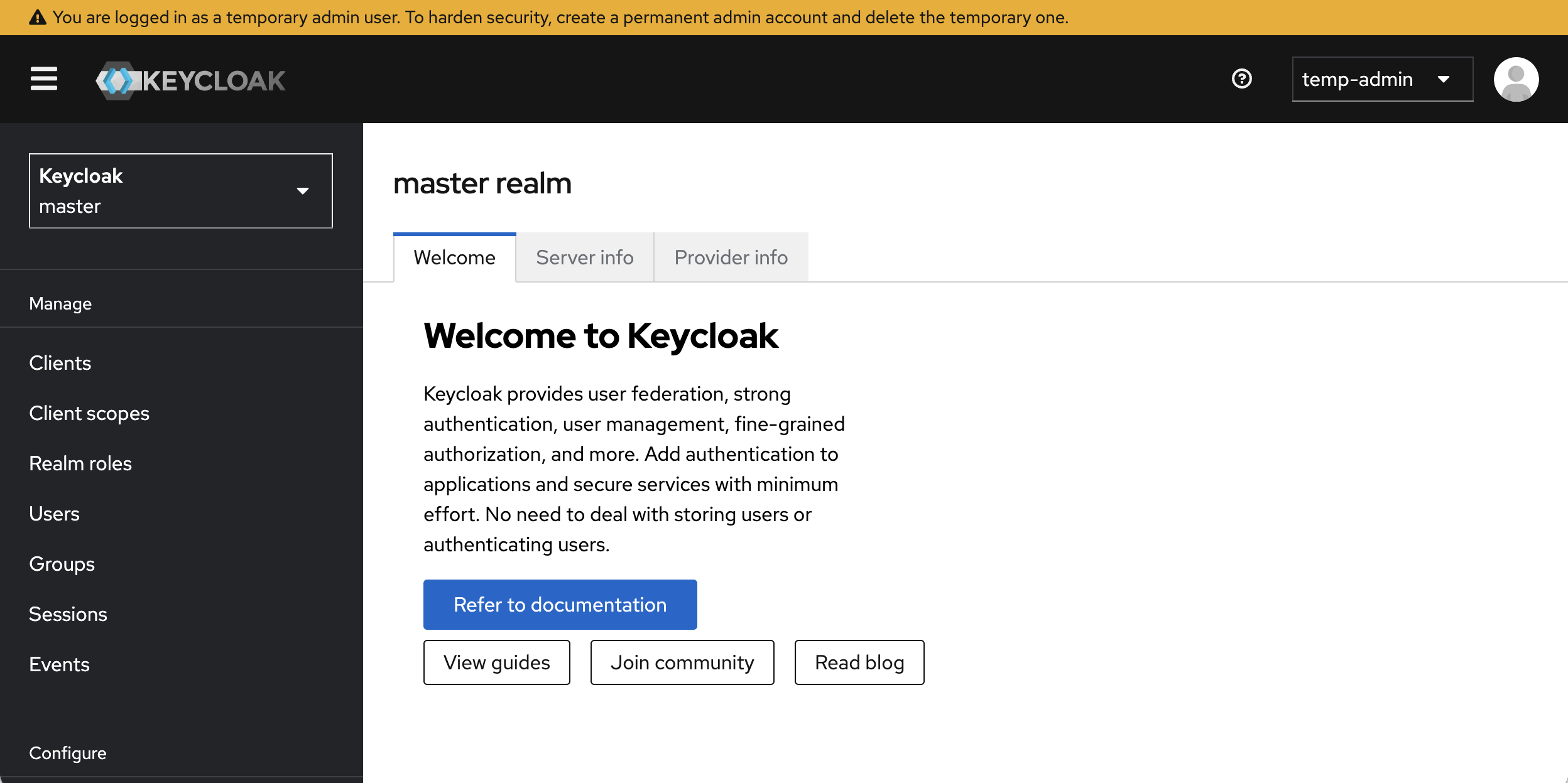 Keycloak Admin Console Welcome page