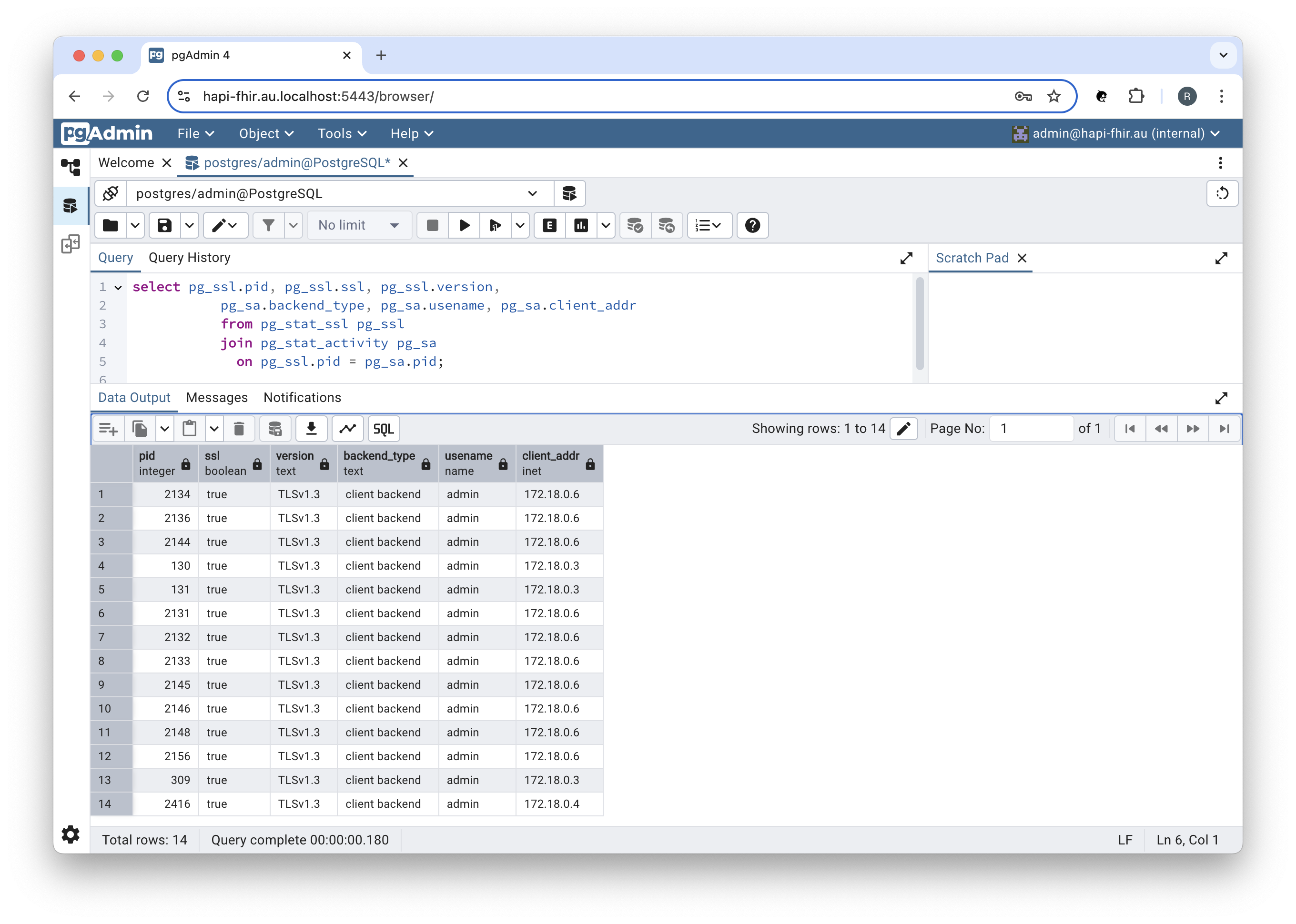 pgAdmin checking connections for TLS